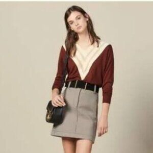 NWT New Sandro V-Neck Colorblock Chevron Mesh Insert Sweater Size S